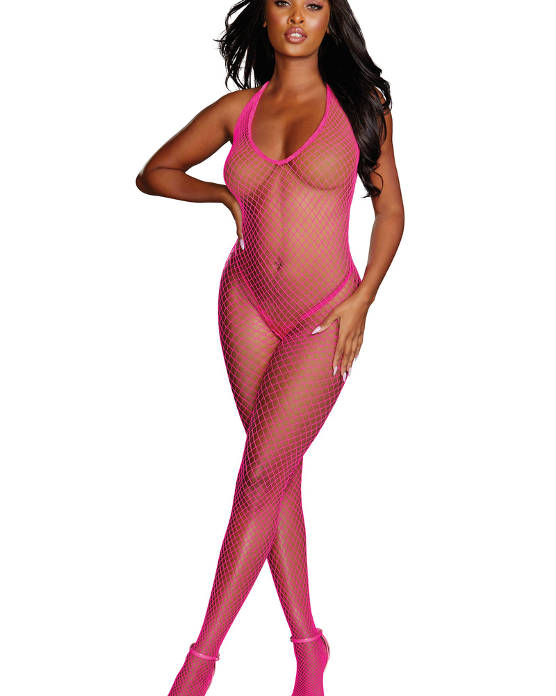 Diamond Net Bodystocking - One Size - Neon Pink