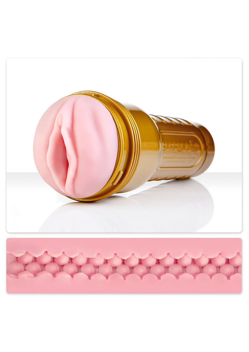 Masturbador femenino Fleshlight STU Stamina Training Unit, color rosa y dorado