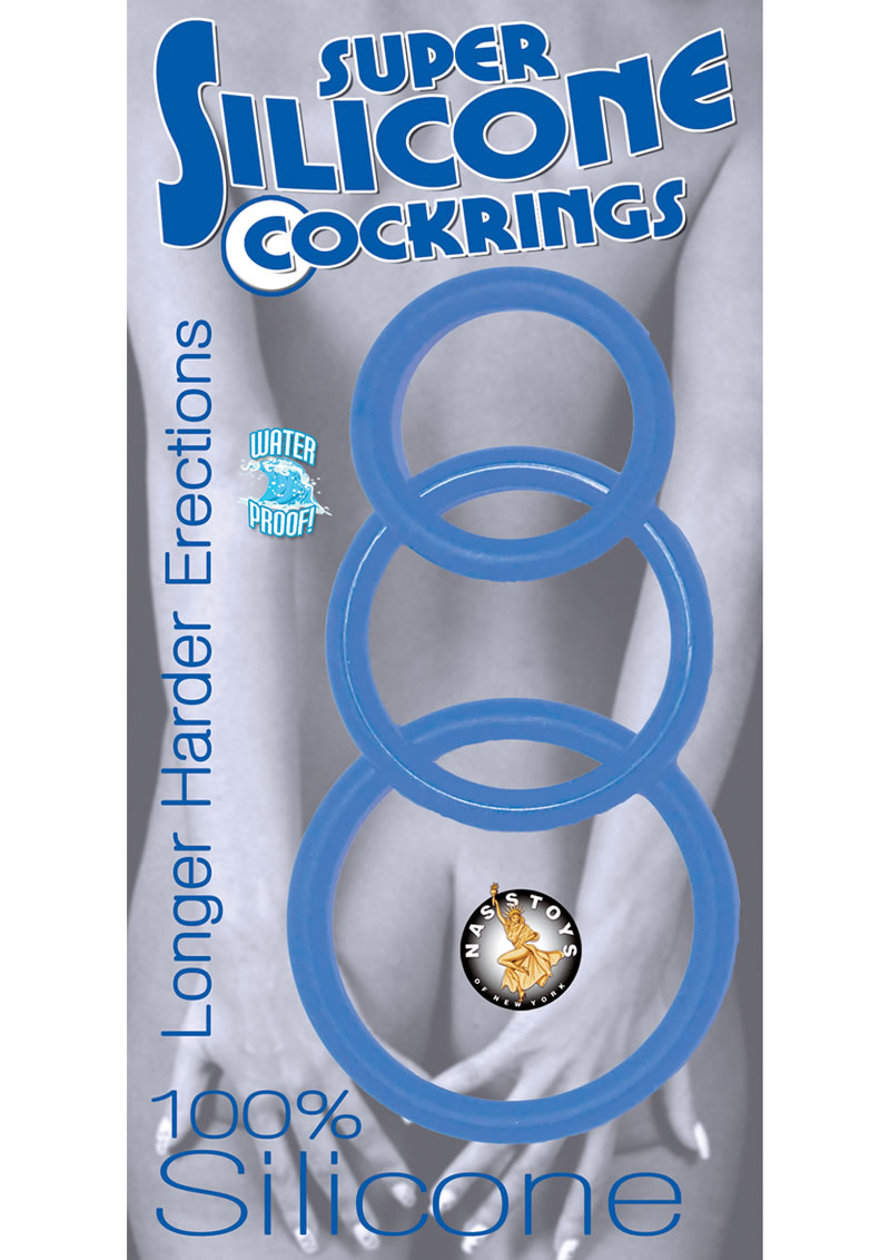 Super Silicone Cockrings Set Of 3 Rings Waterproof Blue