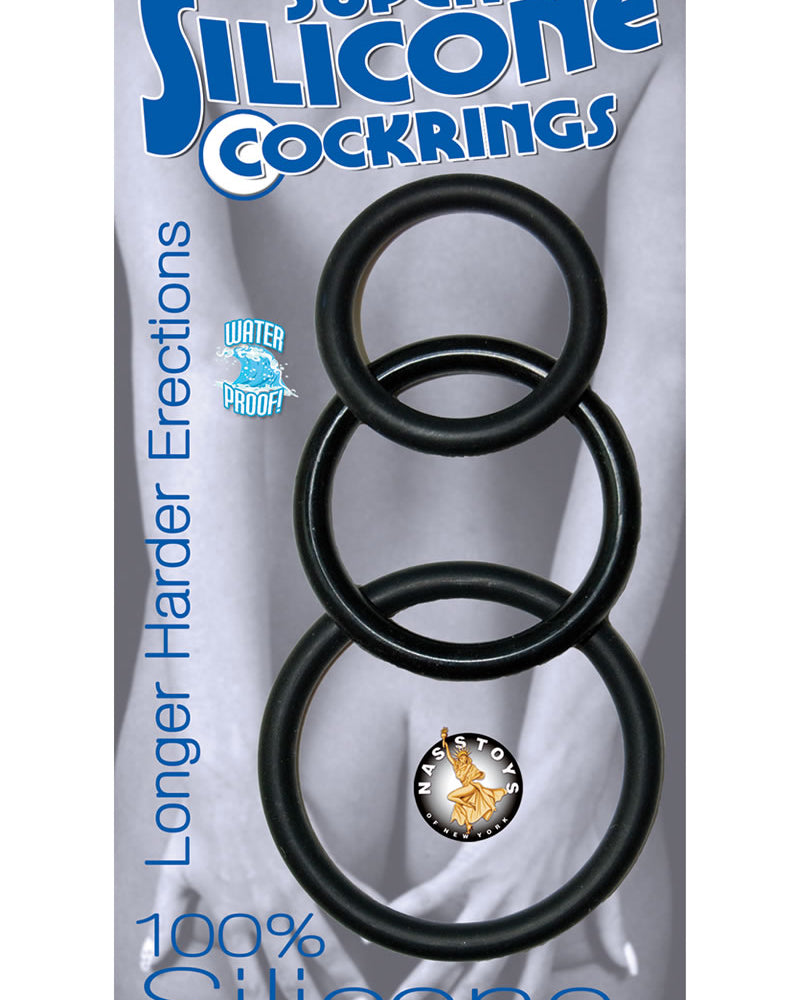 Super Silicone Cockrings Set Of 3 Rings Waterproof Black