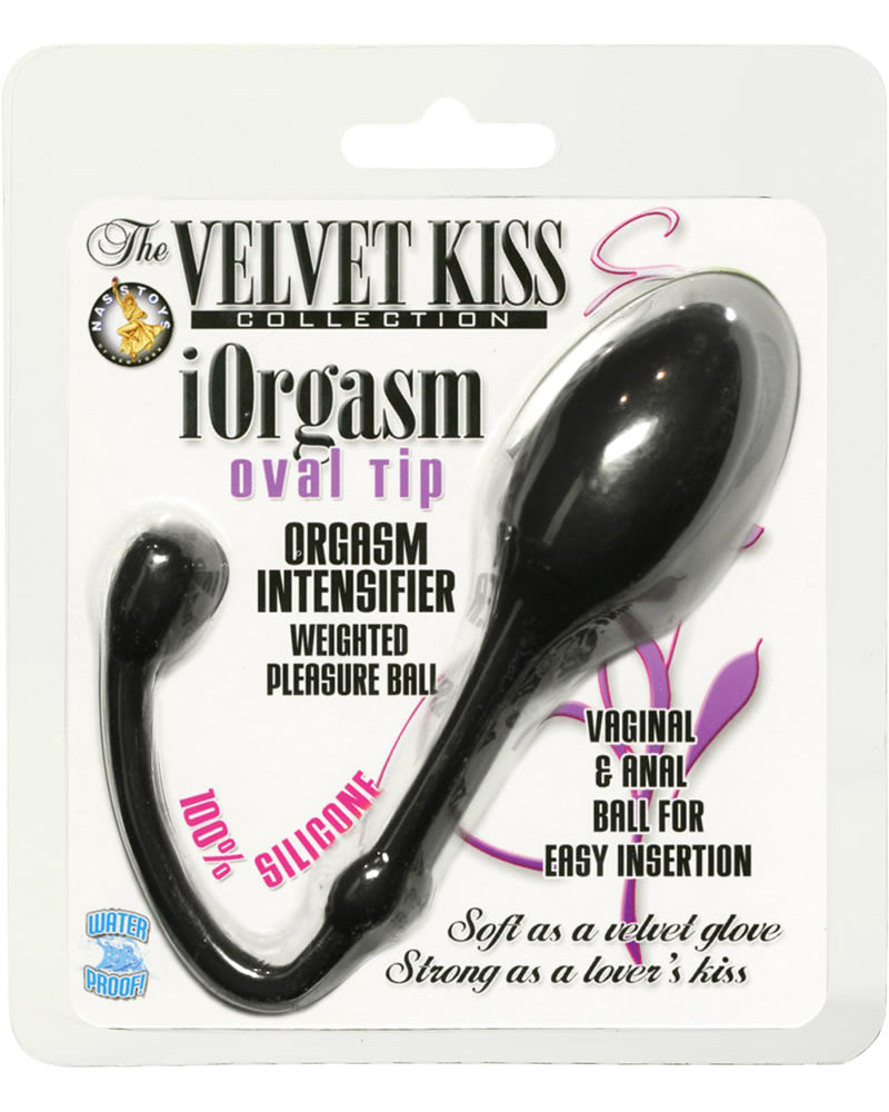 Intensificador de orgasmo con punta ovalada iOrgasm de la colección Velvet Kiss, bola con peso, resistente al agua, de silicona, color negro