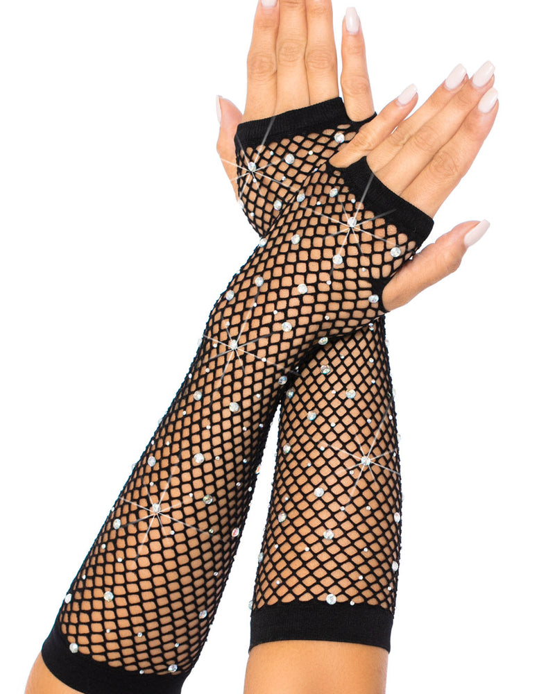 "Rhinestone Fishnet Arm Warmers Black LA-2037BLK"