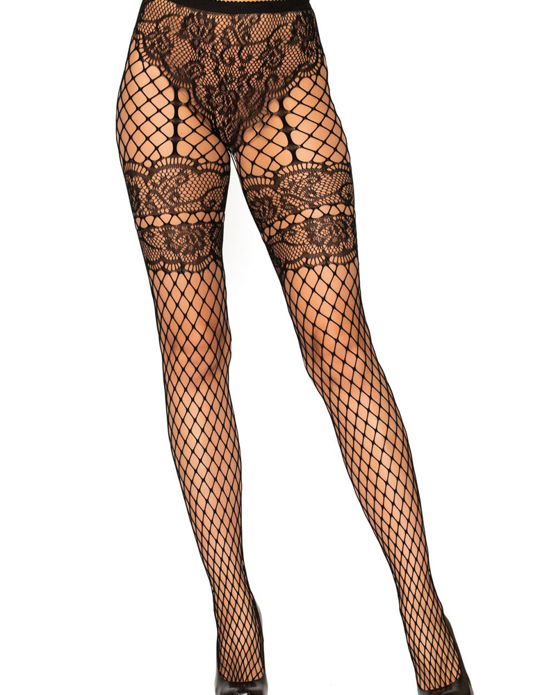 Lace French Cut Faux Garter Net Tights - One Size Black