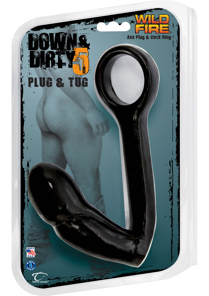 Tapón anal y anillo para el pene Wildfire Down And Dirty Plug And Tug, resistente al agua, 5 pulgadas, color negro