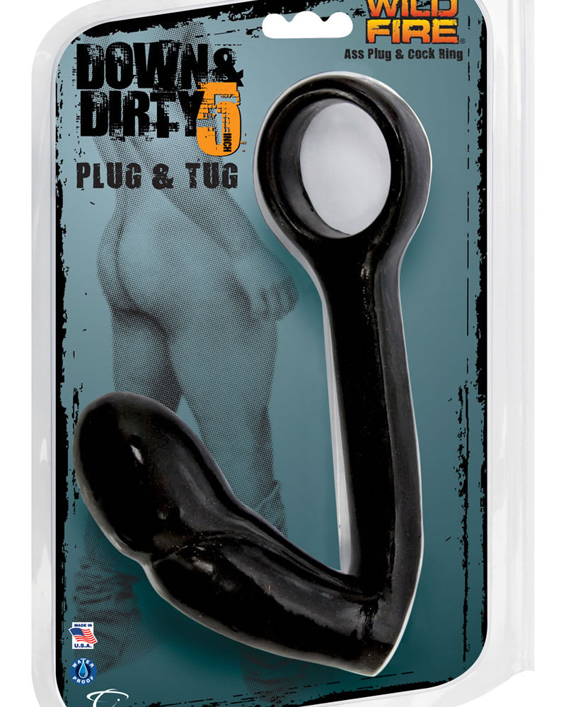 Tapón anal y anillo para el pene Wildfire Down And Dirty Plug And Tug, resistente al agua, 5 pulgadas, color negro