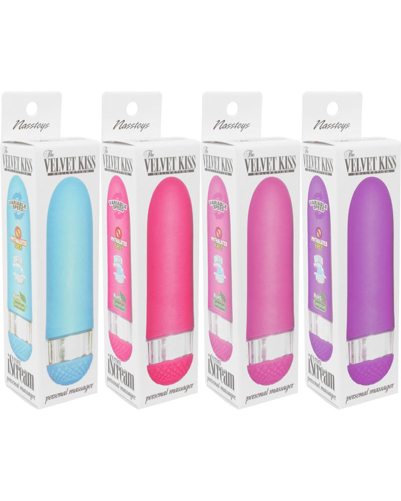Mini masajeadores iScream de la colección Velvet Kiss, resistentes al agua, colores surtidos, 12 por expositor