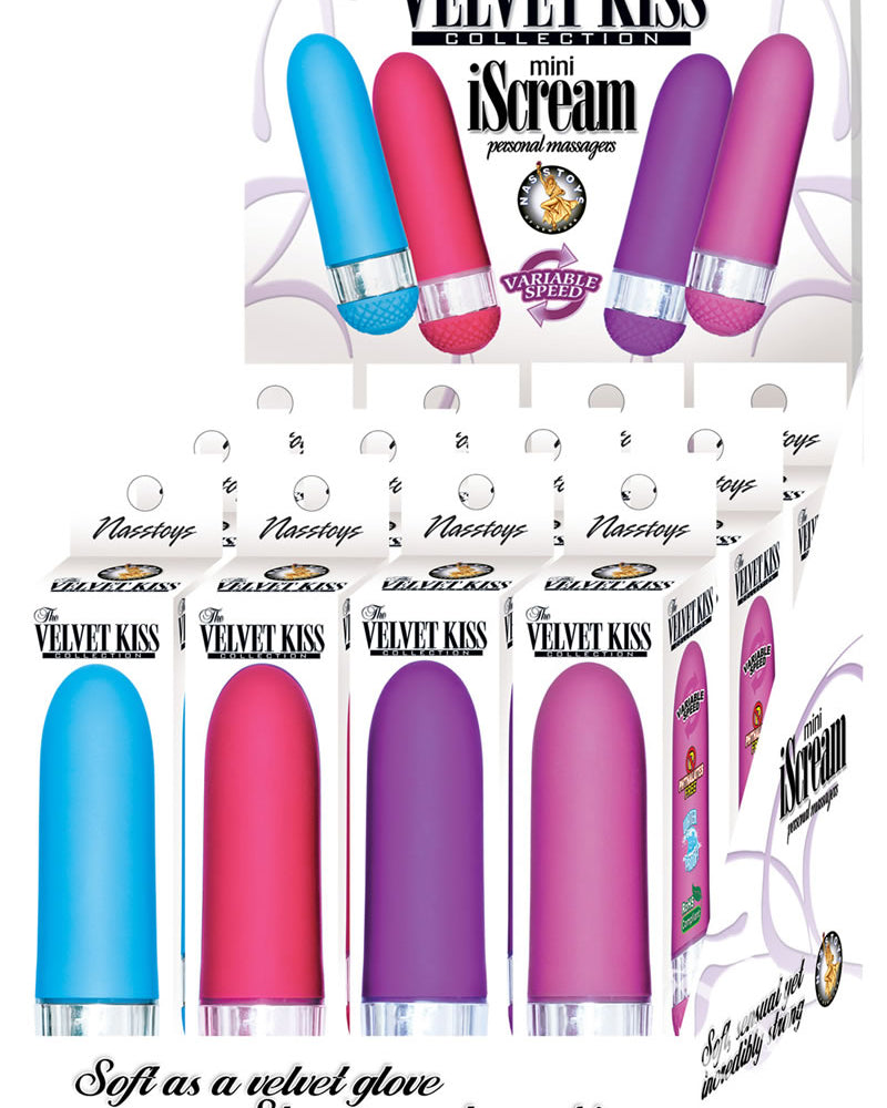 Mini masajeadores iScream de la colección Velvet Kiss, resistentes al agua, colores surtidos, 12 por expositor