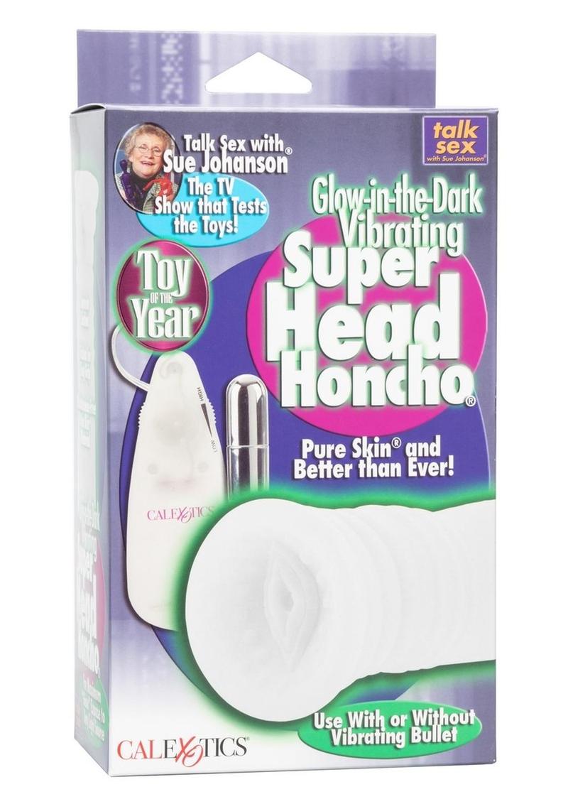 Masturbador Super Head Honcho de Sue Johanson que brilla en la oscuridad y vibra en color blanco