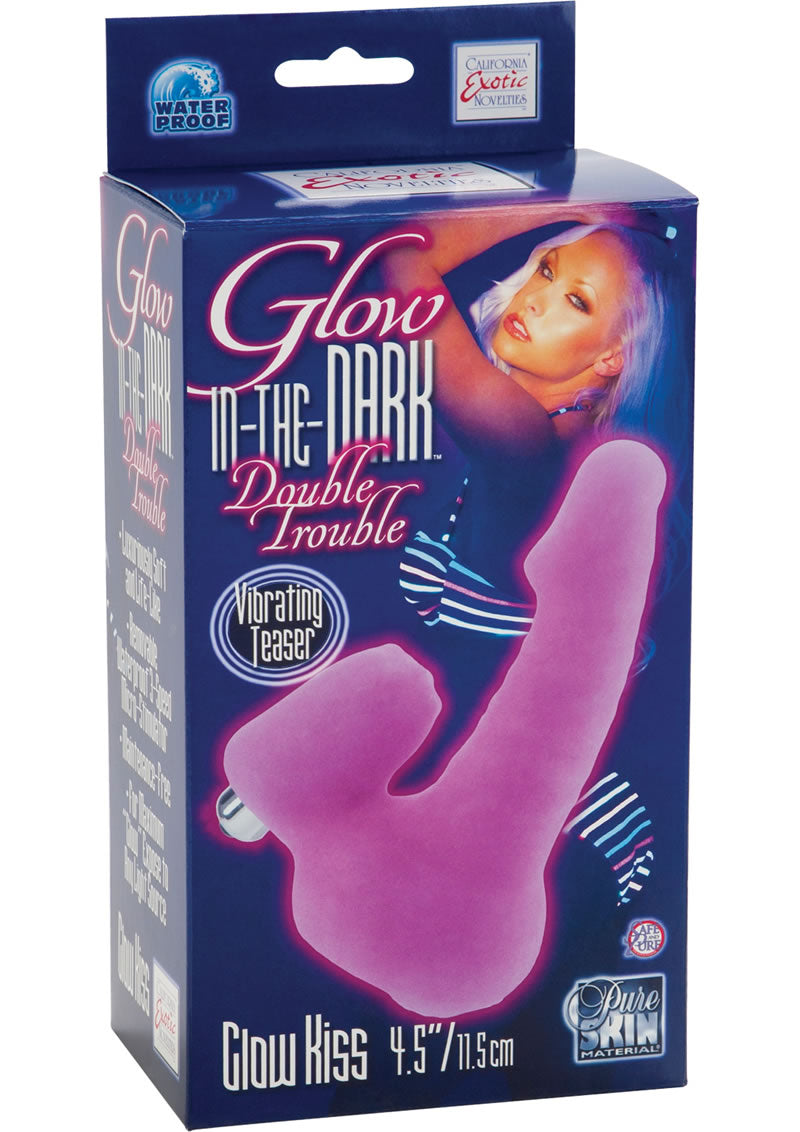 Pene doble Glow Kiss que brilla en la oscuridad con vibrador resistente al agua y morado