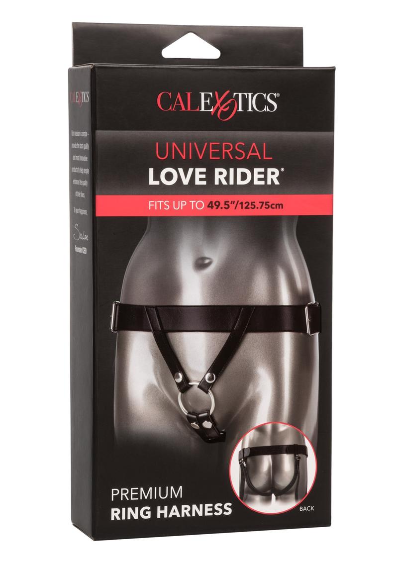 Arnés de aro universal Love Rider Premium con correa ajustable, accesorio de PVC negro