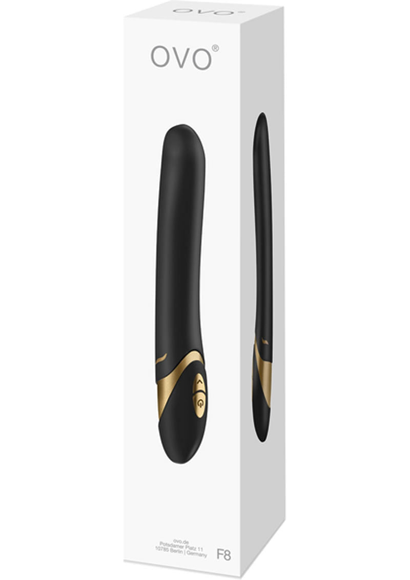 Vibrador de silicona Ovo F8 resistente al agua, color negro y dorado