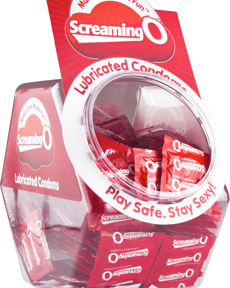 Condones lubricados Screaming O, 144 unidades por recipiente de exhibición