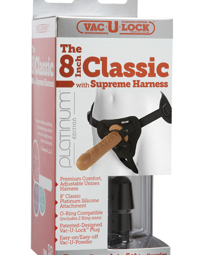 Accesorio para pene clásico Vac U Lock Platinum con arnés Supreme de silicona marrón de 8 pulgadas