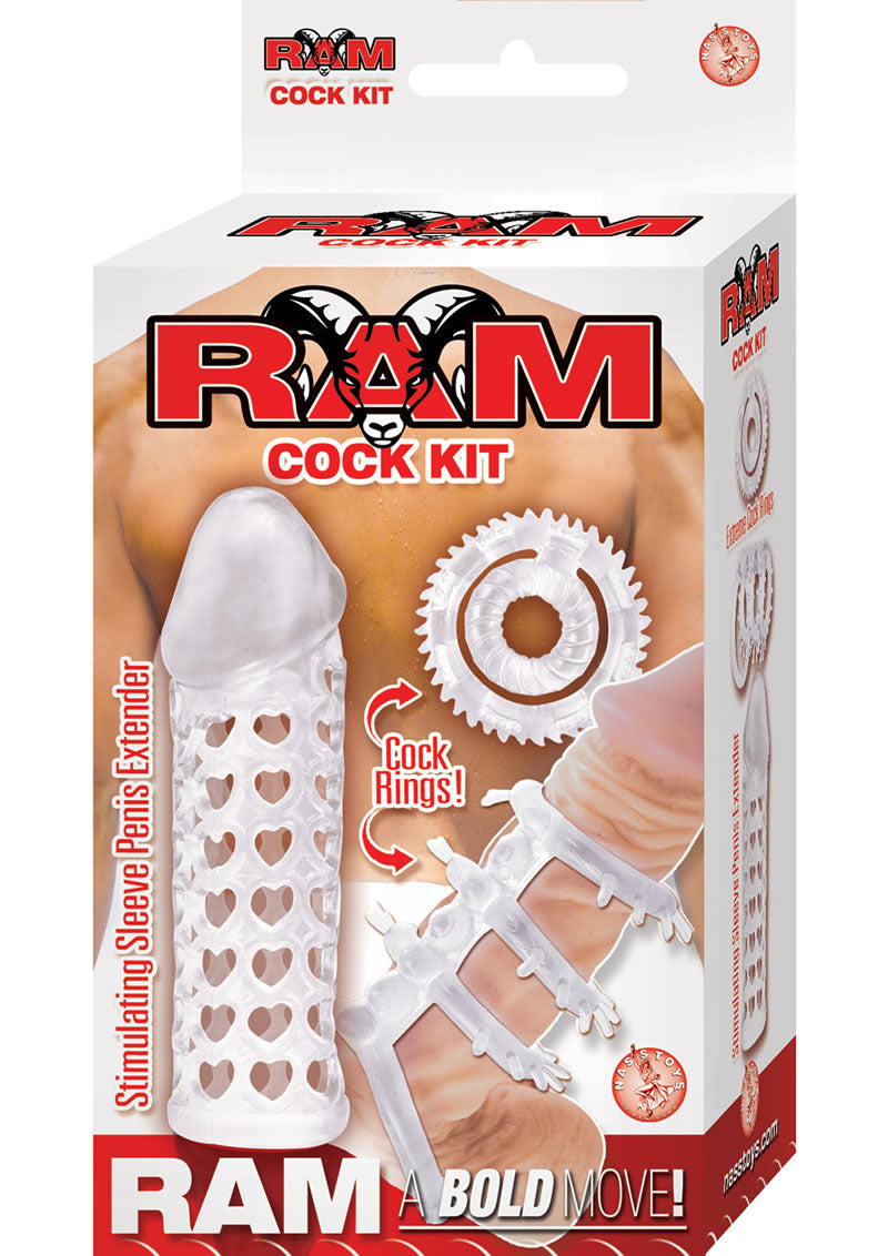 Kit de funda extensora y anillos para el pene Ram Cock, transparente