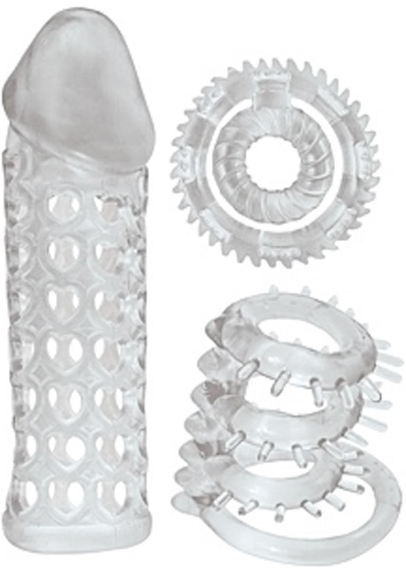 Kit de funda extensora y anillos para el pene Ram Cock, transparente