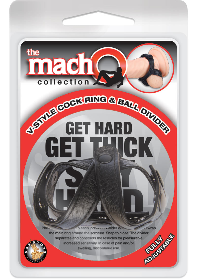 Macho V Style Cock Ring and Ball Divider Adjustable Black