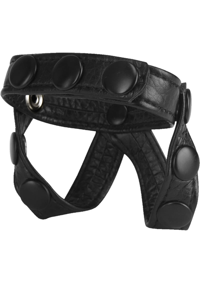 Anillo para el pene y divisor de testículos estilo Macho V ajustable en color negro