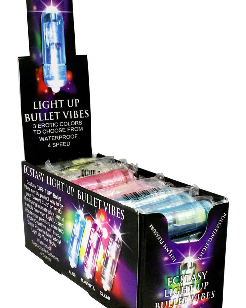 Balas vibradoras luminosas Ecstasy resistentes al agua, colores surtidos, 36 unidades por expositor