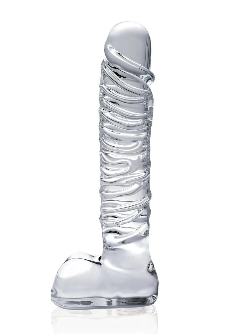 Icicles No 63 Textured Glass Dildo With Balls Clear 8.5 Inch