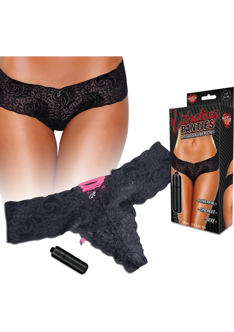 Hustler Toys Vibrating Panties Lace Up Back Thong With Hidden Vibe Pocket Black Small/Medium