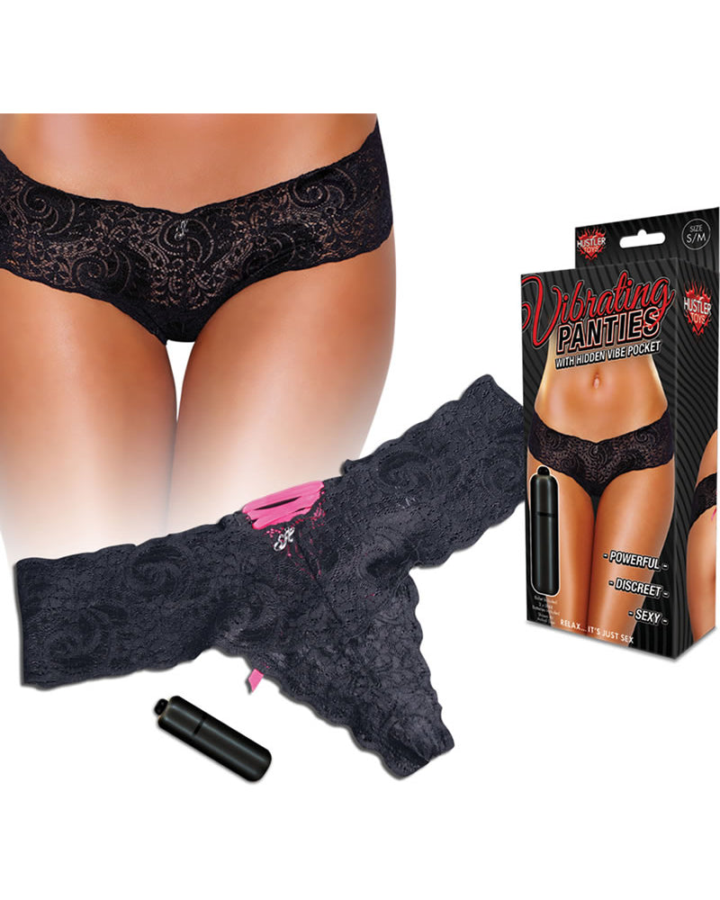 Braguitas vibradoras Hustler Toys con cordones en la espalda y bolsillo vibrador oculto, color negro, talla pequeña/mediana