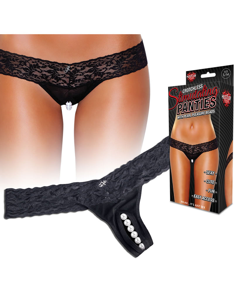 Braguitas estimulantes sin entrepierna Hustler Toys, tanga con perlas de placer, color negro, talla mediana/grande
