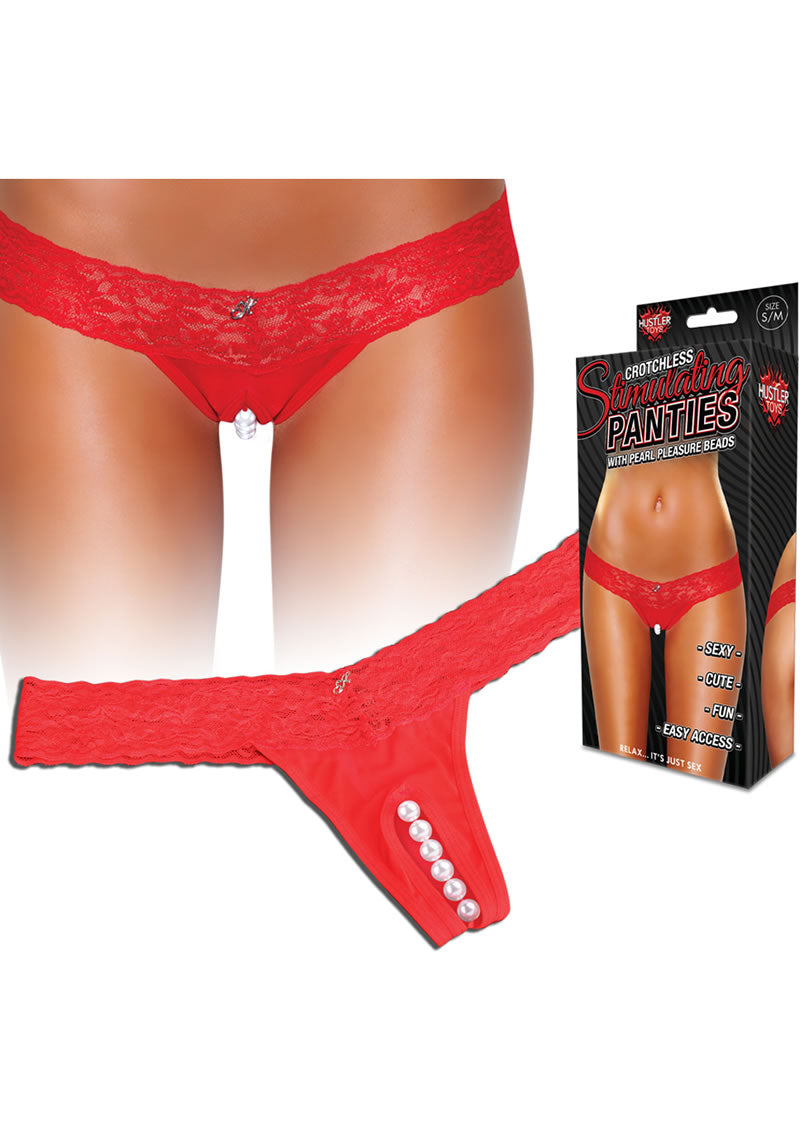 Hustler Toys Crotchless Stimulating Panties Thong With Pearl Pleasure Beads Red Medium/Large