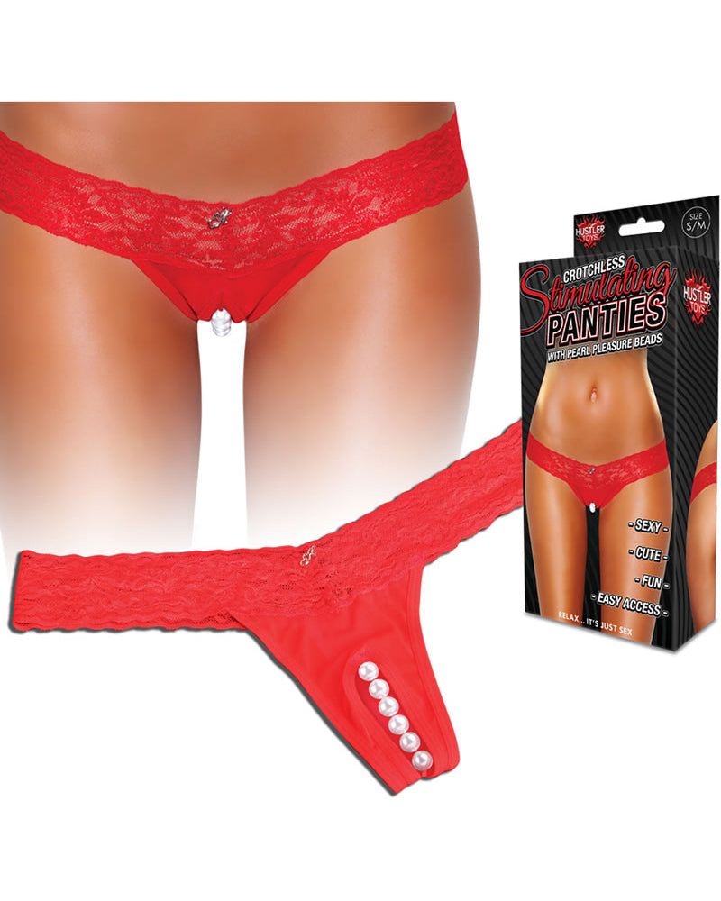 Braguitas estimulantes sin entrepierna Hustler Toys, tanga con perlas de placer, color rojo, tamaño mediano/grande