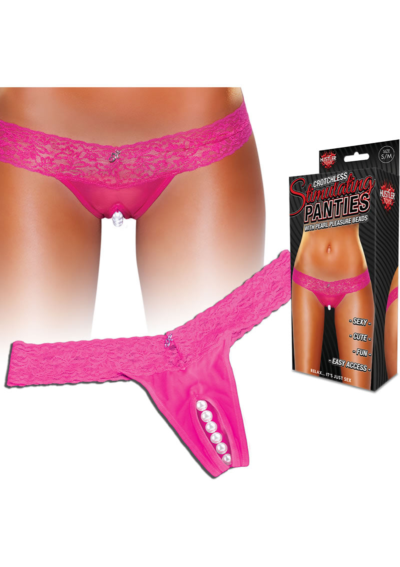 Hustler Toys Crotchless Stimulating Panties Thong With Pearl Pleasure Beads Pink Small/Medium