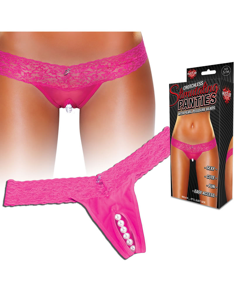 Braguitas estimulantes sin entrepierna Hustler Toys, tanga con perlas de placer, color rosa, talla pequeña/mediana