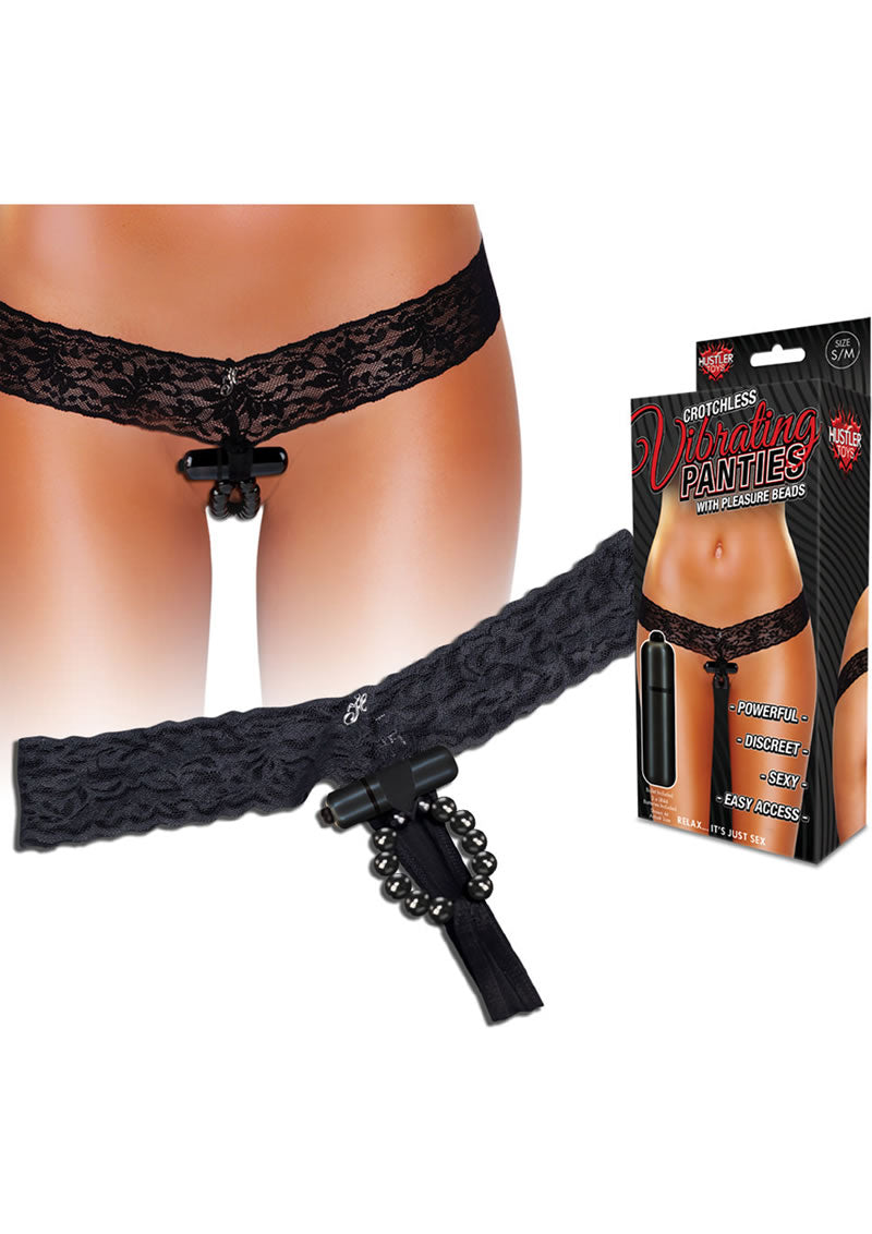 Braguitas vibradoras sin entrepierna Hustler Toys con cuentas de placer, color negro, talla pequeña/mediana