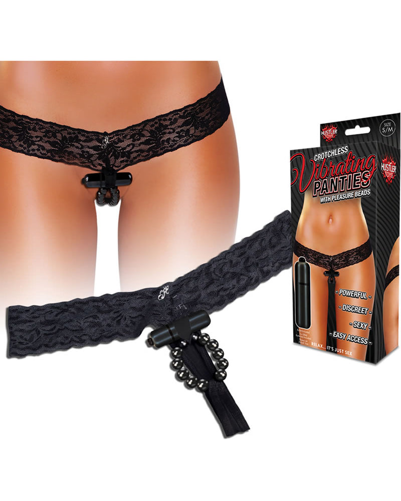 Braguitas vibradoras sin entrepierna Hustler Toys con cuentas de placer, color negro, talla mediana/grande