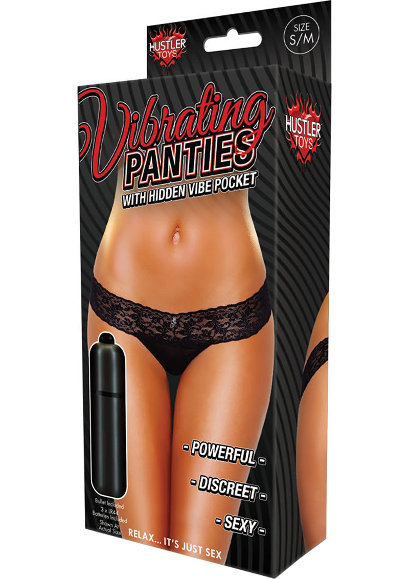 Braguitas vibradoras Hustler Toys, tanga de encaje con bolsillo vibrador oculto, color negro, talla pequeña/mediana