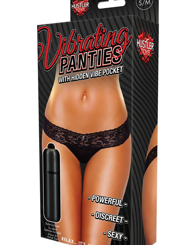 Braguitas vibradoras Hustler Toys, tanga de encaje con bolsillo vibrador oculto, color negro, talla pequeña/mediana