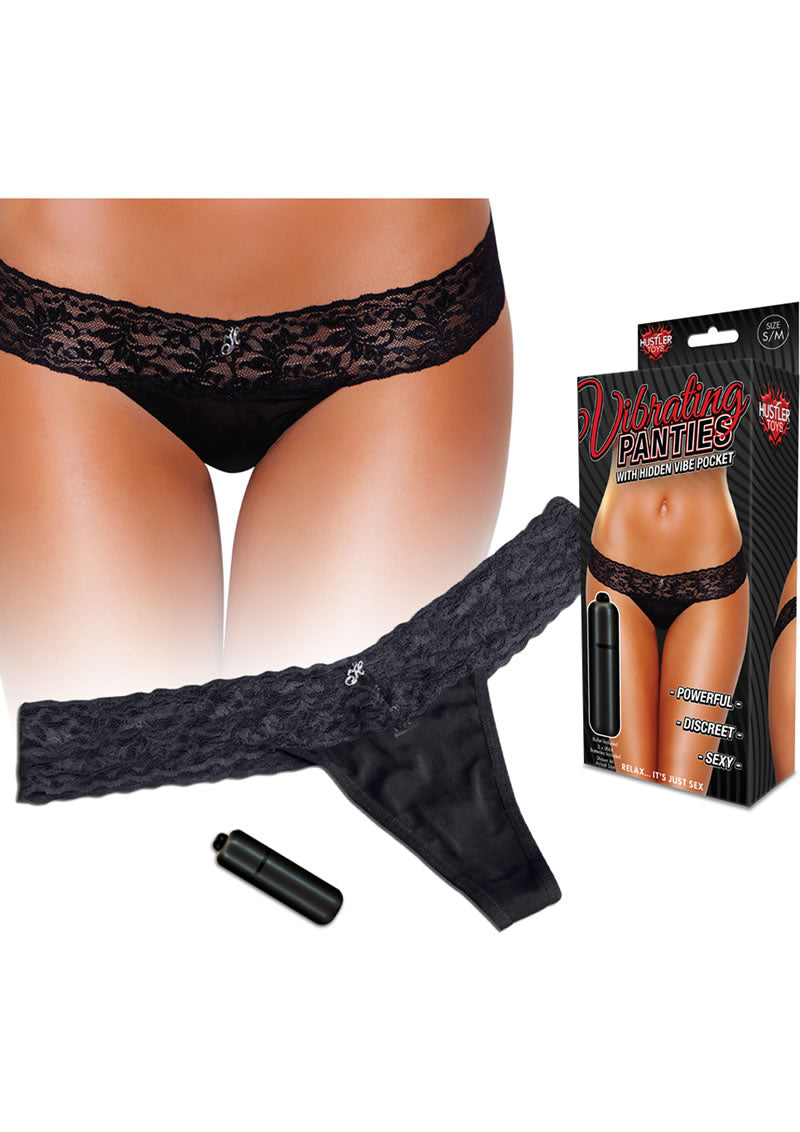 Braguitas vibradoras Hustler Toys, tanga de encaje con bolsillo vibrador oculto, color negro, talla pequeña/mediana