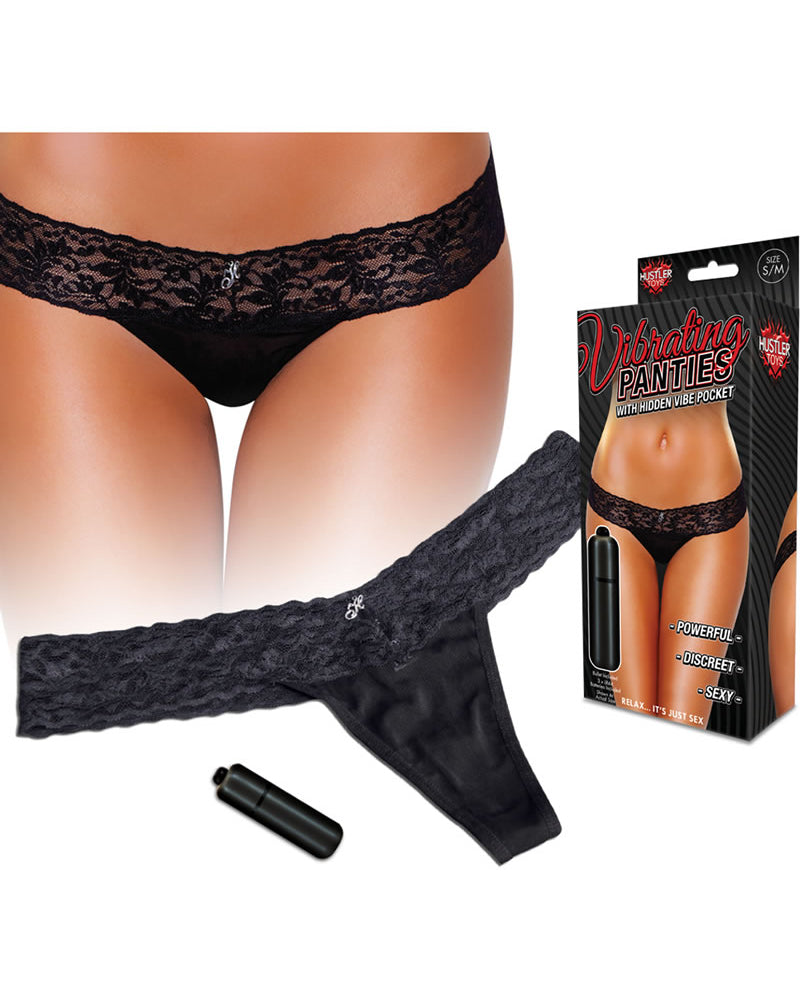 Braguitas vibradoras Hustler Toys, tanga de encaje con bolsillo vibrador oculto, color negro, talla pequeña/mediana