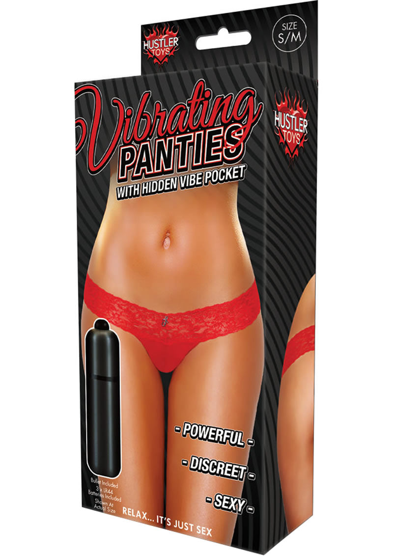 Hustler Toys Vibrating Panties Lace Thong With Hidden Vibe Pocket Red Small/Medium