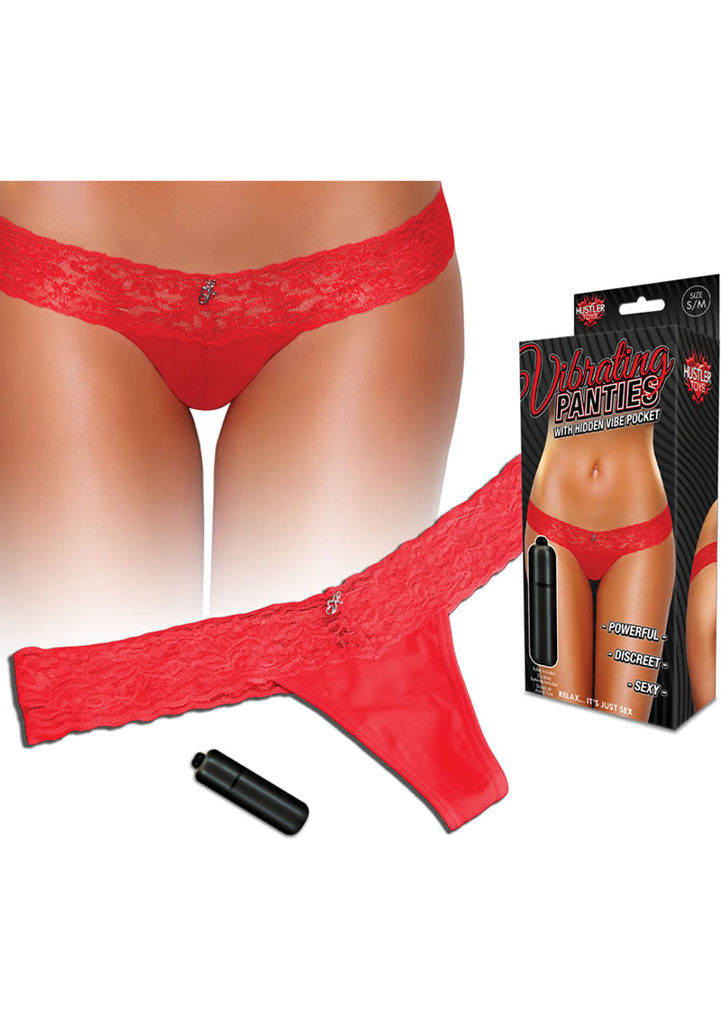 Braguitas vibradoras Hustler Toys, tanga de encaje con bolsillo vibrador oculto, color rojo, talla pequeña/mediana