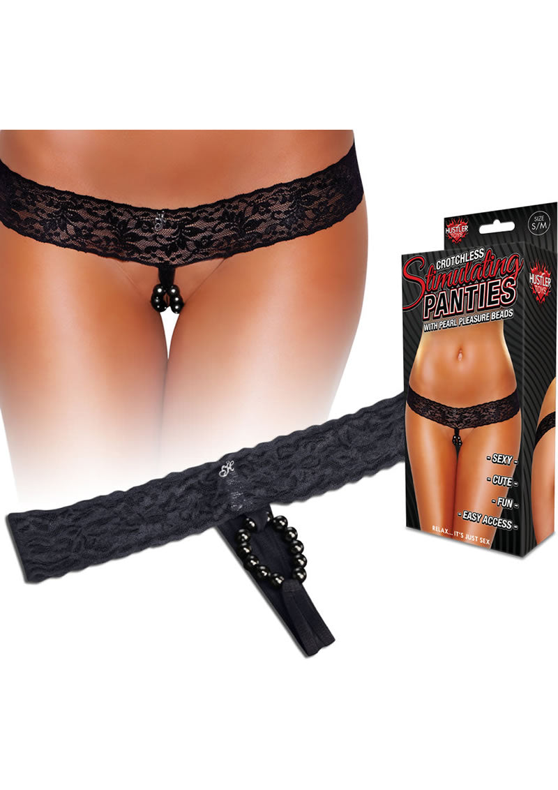 Hustler Toys Crotchless Stimulating Panties With Pearl Pleasure Beads Black Small/Medium