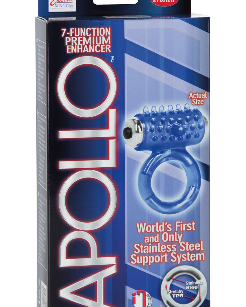 Apollo 7 Fuction Premium Enhancer Vibrating Cockring Blue 1.5 Inch Diameter