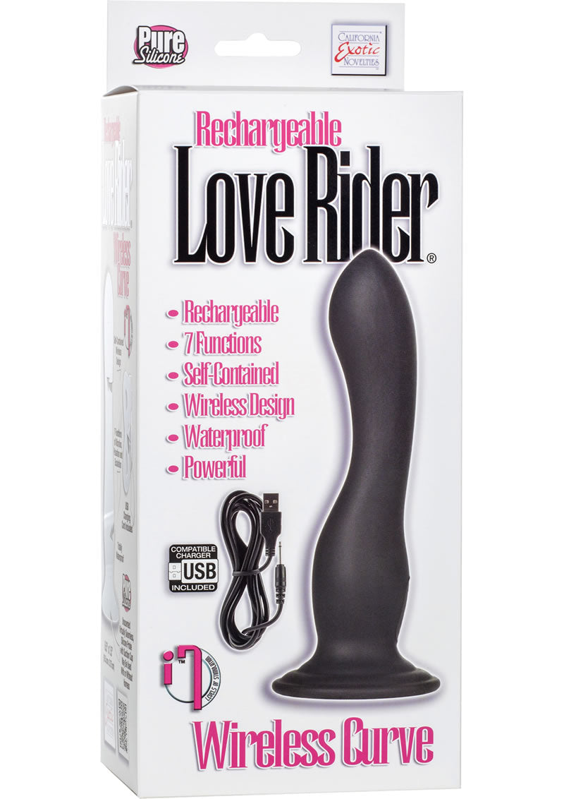 Vibrador inalámbrico recargable Love Rider Curve de silicona resistente al agua, color negro, 6,5 pulgadas