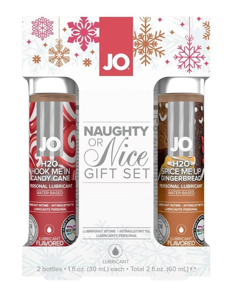 Juego de regalo de lubricante a base de agua con sabor a bastón de caramelo y pan de jengibre de Jo Naughty Or Nice, 1 onza cada uno, 2 unidades