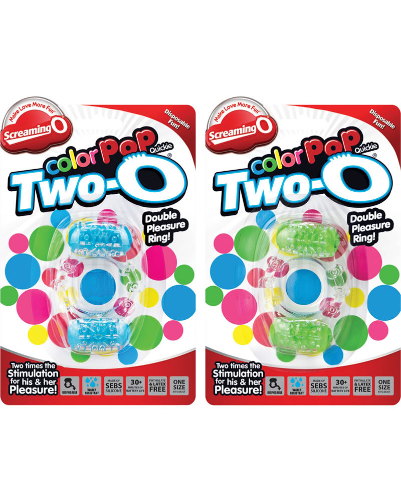 Color Pop Quickie Two O Silicone Dual Vibrating Cockring Assorted Colors 12 Each Per Case