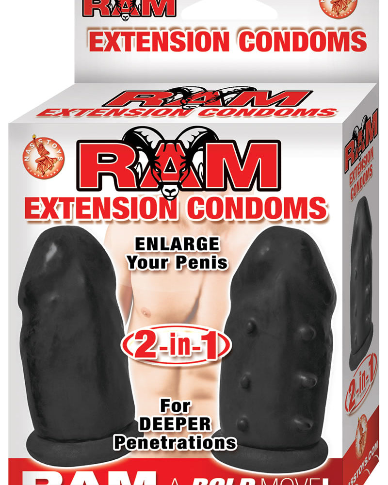Condones Ram Extension de látex con fundas extensoras, color negro, 2 unidades por caja