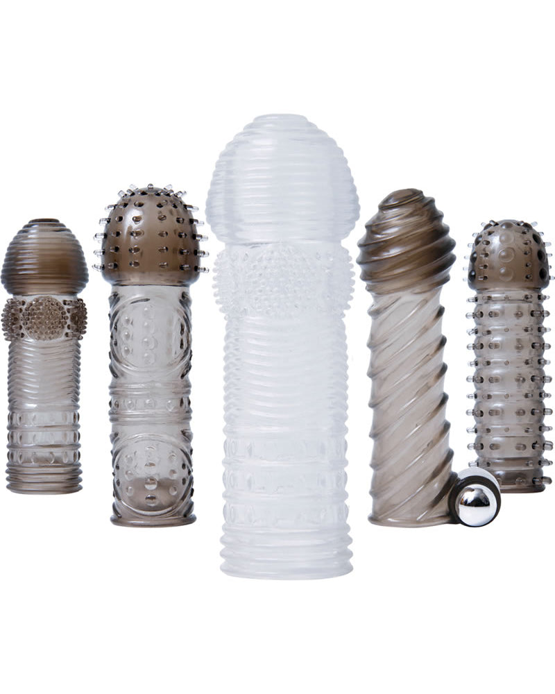 Adam and Eve - Vibrating Textured Penis Sleeve Kit With Bullet (6 Piece) - Clear