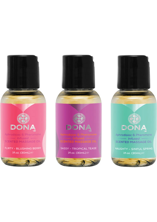 Juego de regalo de aceite de masaje perfumado con feromonas Let Me Touch You de Dona, 3 botellas de 1 onza cada una