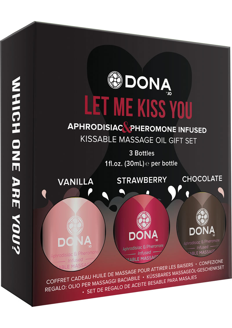 Juego de regalo de aceite de masaje besable con infusión de feromonas Dona Let Me Kiss You, 3 botellas de 1 onza cada una