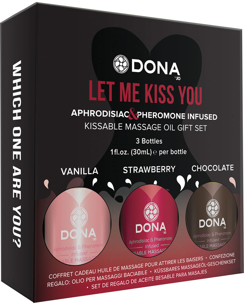 Juego de regalo de aceite de masaje besable con infusión de feromonas Dona Let Me Kiss You, 3 botellas de 1 onza cada una