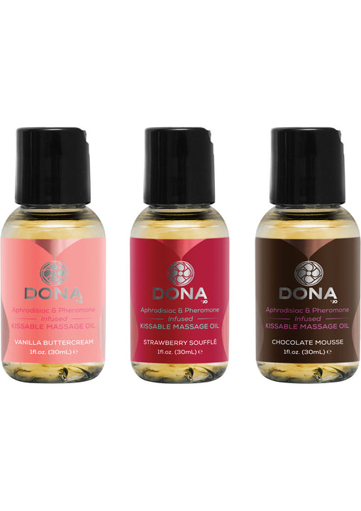 Juego de regalo de aceite de masaje besable con infusión de feromonas Dona Let Me Kiss You, 3 botellas de 1 onza cada una