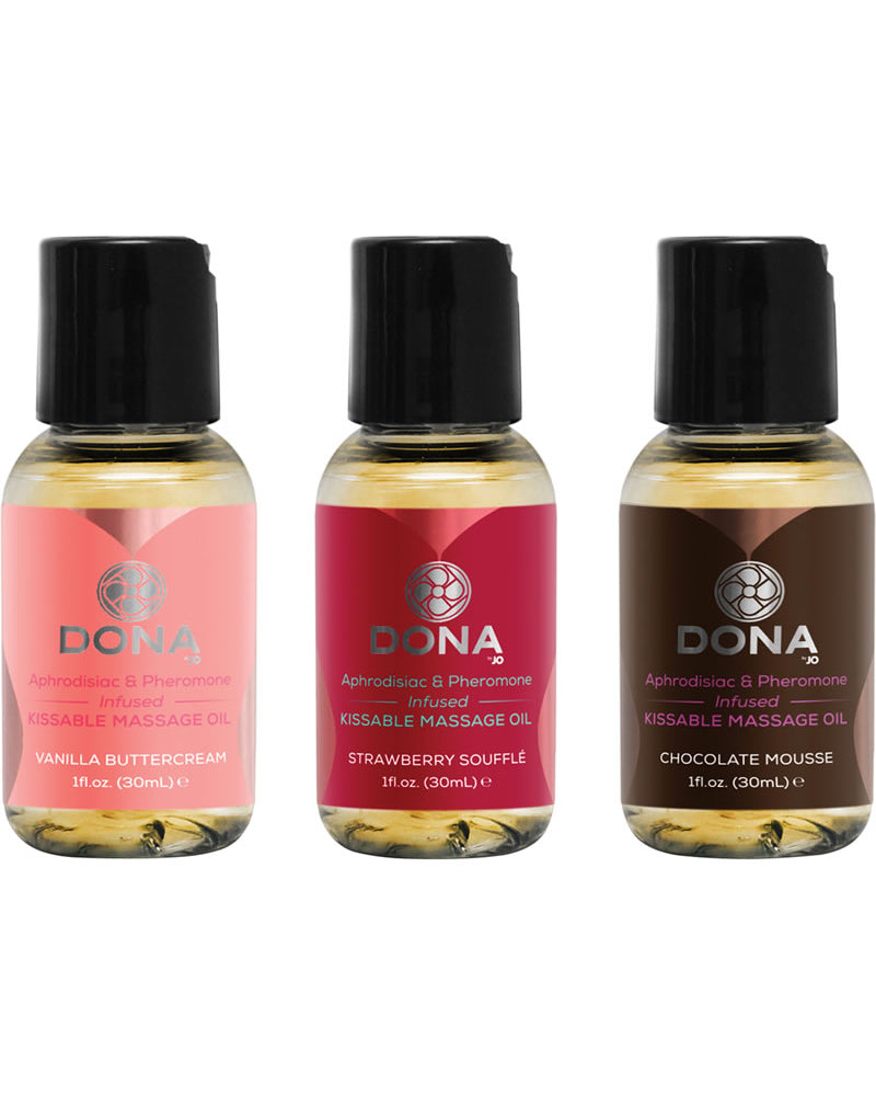 Juego de regalo de aceite de masaje besable con infusión de feromonas Dona Let Me Kiss You, 3 botellas de 1 onza cada una